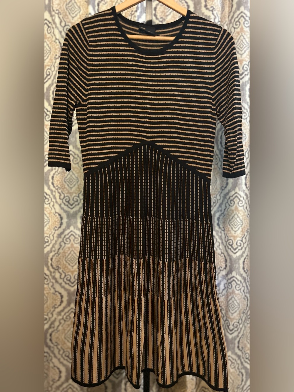 Just...Taylor Black and Beige Striped Knit Midi Dress